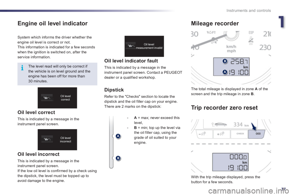 Peugeot 508 2012 Owners Guide 1
37
i
Instruments and controls
Engine oil level indicator 
   
Oil level incorrect
 
This is indicated by a message in the
instrument panel screen. 
  I
f the low oil level is confirmed by a check us