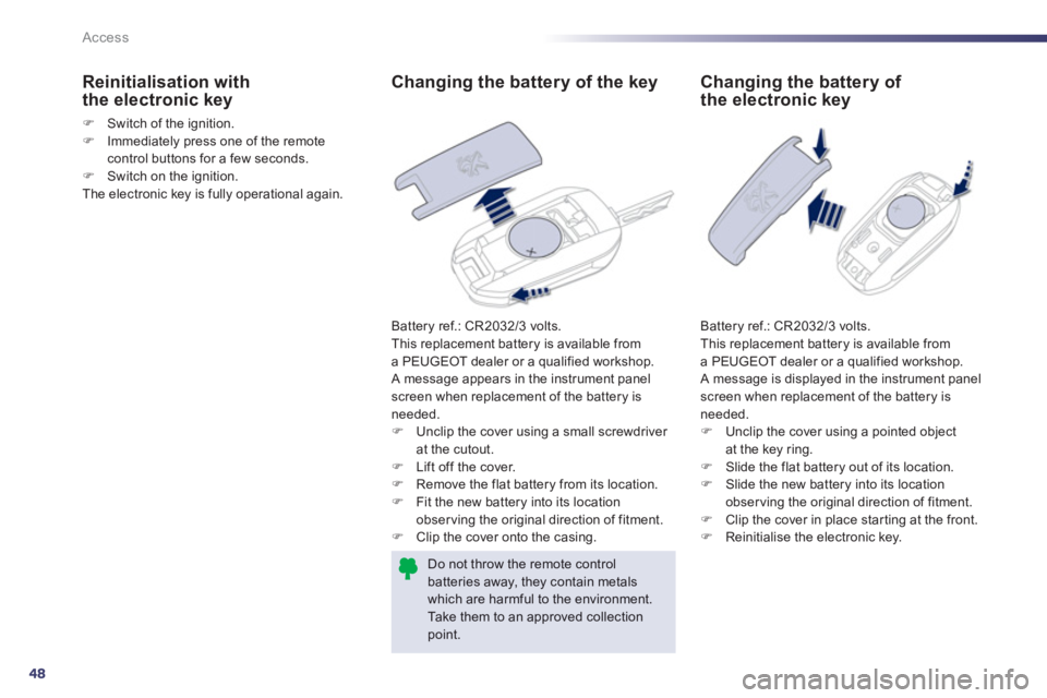 Peugeot 508 2012  Owners Manual 48
Access
   
 
 
 
 
 
 
 
 
 
 
 
Changing the battery of the key
 
Battery ref.: CR2032/3 volts. 
  This replacement battery is available from
a PEUGEOT dealer or a qualified workshop.
  A message 