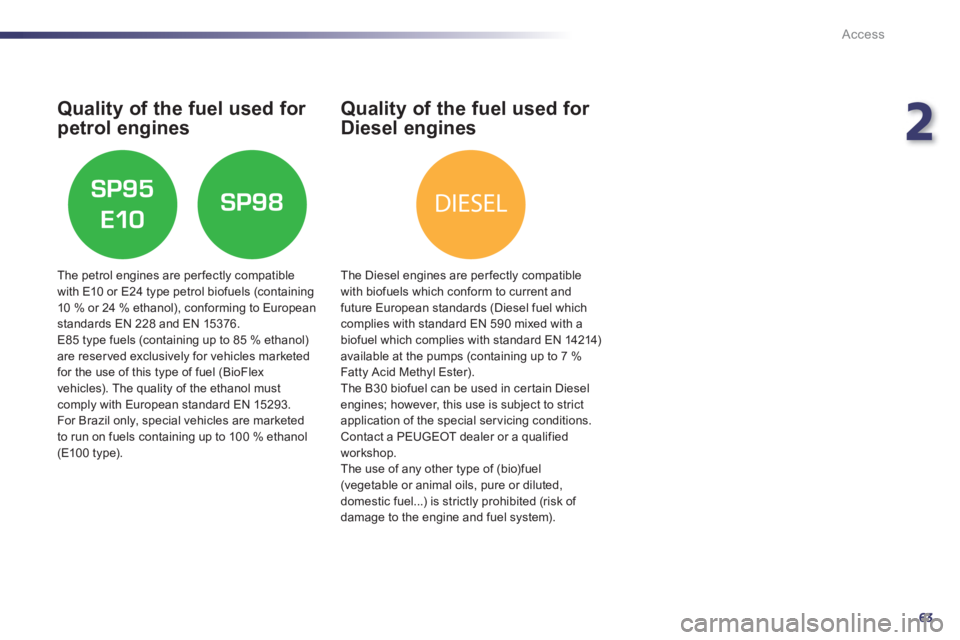 Peugeot 508 2012  Owners Manual 2
63
DIESEL
Access
Quality of the fuel used for 
petrol engines 
   
The petrol engines are perfectly compatible 
with E10 or E24 type petrol biofuels (containing10 % or 24 % ethanol), conforming to E