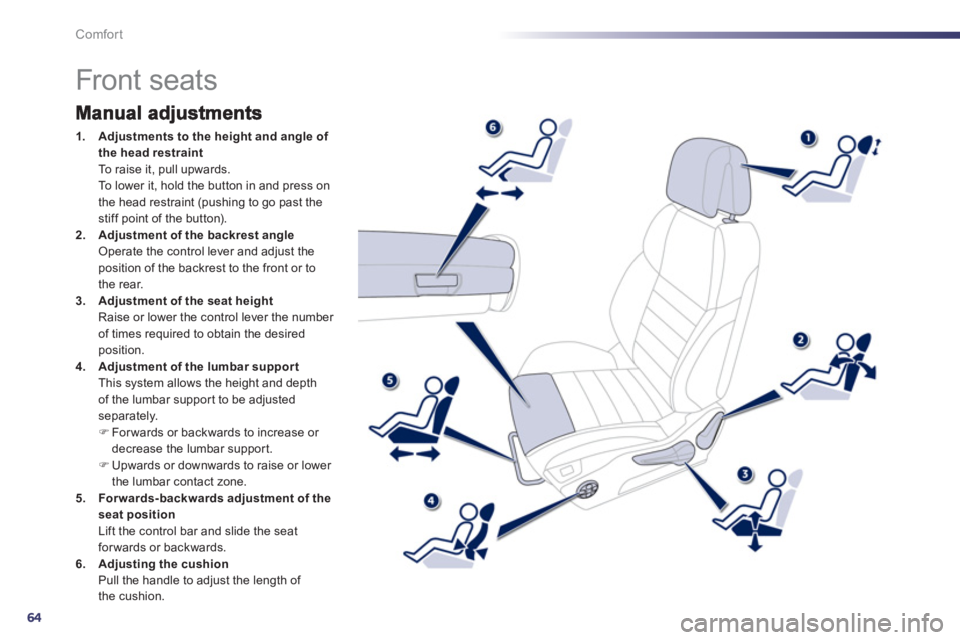 Peugeot 508 2012  Owners Manual 64
Comfort
   
 
 
 
 
 
 
 
 
 
 
 
 
 
 
 
 
Front seats 
1.Adjustments to the height and angle of 
t
he head restraint
To raise it, pull upwards.  
To lower it, hold the button in and press on
the 