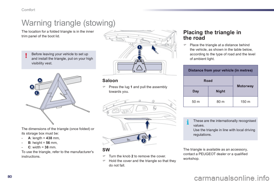 Peugeot 508 2012  Owners Manual 80
!
i
Comfort
   
 
 
 
 
 
 
 
Warning triangle (stowing) 
 
Before leaving your vehicle to set upand install the triangle, put on your high visibility vest.
The dimensions o
f the triangle (once fo