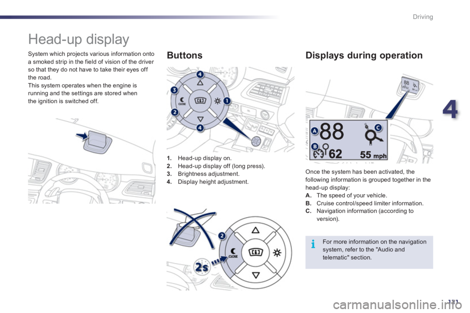Peugeot 508 2012  Owners Manual - RHD (UK, Australia) 4
121
i
Driving
   
 
 
 
 
Head-up display 
 
 
System which projects various information onto
a smoked strip in the field of vision of the driver so that they do not have to take their eyes off 
the