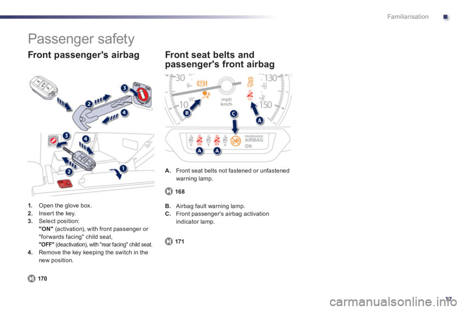 Peugeot 508 2012   - RHD (UK, Australia) User Guide .
17
Familiarisation
  Passenger safety 
1. 
 Open the glove box. 2.Inser t the key. 3.Select position:"ON"(activation), with front passenger or 
"for wards facing" child seat,  "OFF" 
 (deactivation)