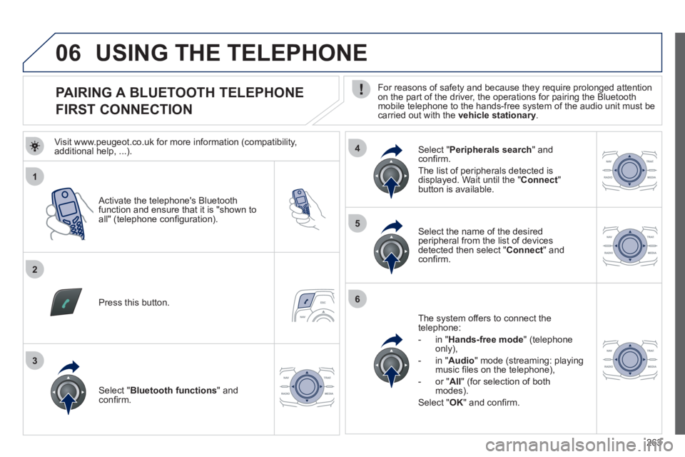Peugeot 508 2012 Owners Manual - RHD (UK, Australia) 263
1
2
5
6
3
4
06
PAIRING A BLUETOOTH TELEPHONE
FIRST CONNECTION
For reasons of safety and because they require prolonged attention on the part of the driver, th Peugeot 508 2012 Owners Manual - RHD (UK, Australia) 263
1
2
5
6
3
4
06
PAIRING A BLUETOOTH TELEPHONE
FIRST CONNECTION
For reasons of safety and because they require prolonged attention on the part of the driver, th
