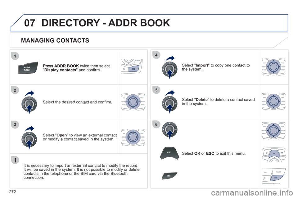 Peugeot 508 2012 Owners Manual - RHD (UK, Australia) 272
1
2
3
4
5
6
07
MANAGING CONTACTS
ADDR BOOK
twice then select
"Display contacts
" and confi rm.
Select the desired contact and confi rm.
Select " Import" to copy one contact to
the sy Peugeot 508 2012 Owners Manual - RHD (UK, Australia) 272
1
2
3
4
5
6
07
MANAGING CONTACTS
ADDR BOOK
twice then select
"Display contacts
" and confi rm.
Select the desired contact and confi rm.
Select " Import" to copy one contact to
the sy