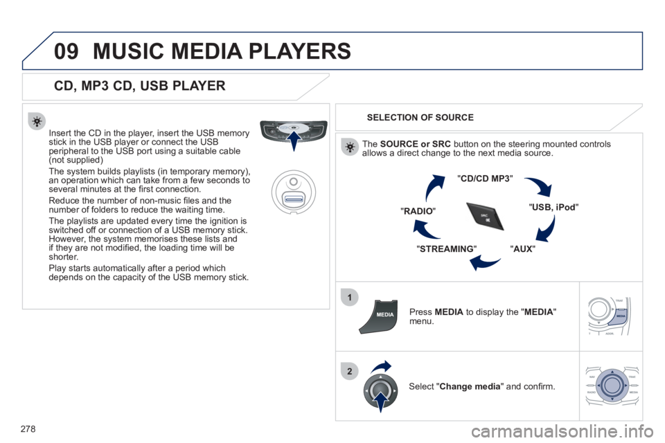 Peugeot 508 2012 Owners Manual - RHD (UK, Australia) 278
09
1
2
MUSIC MEDIA PLAYERS
CD, MP3 CD, USB PLAYER
Insert the CD in the player, insert the USB memorystick in the USB player or connect the USBperipheral to the USB port using a suitable Peugeot 508 2012 Owners Manual - RHD (UK, Australia) 278
09
1
2
MUSIC MEDIA PLAYERS
CD, MP3 CD, USB PLAYER
Insert the CD in the player, insert the USB memorystick in the USB player or connect the USBperipheral to the USB port using a suitable