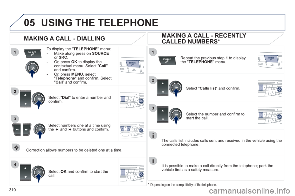 Peugeot 508 2012 Owners Manual - RHD (UK, Australia)
310
1
2
1
4
2
3
3
05USING THE TELEPHONE
To display the "TELEPHONE " menu:
- Make along press on SOURCEor SRC
.
- Or, press OK
to display thecontextual menu. Select " Call"and confi rm.
- Peugeot 508 2012 Owners Manual - RHD (UK, Australia)
310
1
2
1
4
2
3
3
05USING THE TELEPHONE
To display the "TELEPHONE " menu:
- Make along press on SOURCEor SRC
.
- Or, press OK
to display thecontextual menu. Select " Call"and confi rm.
-
