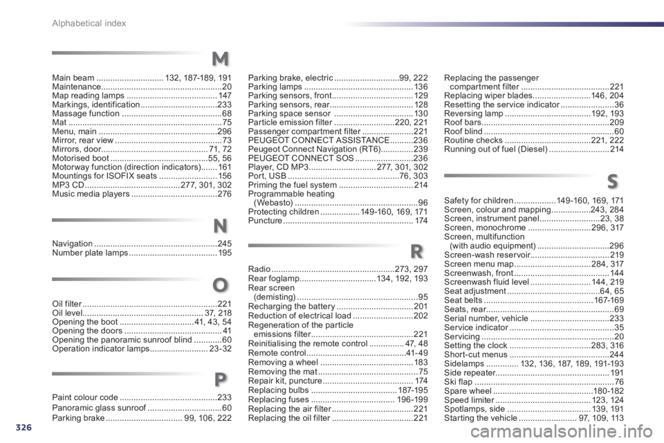 Peugeot 508 2012  Owners Manual - RHD (UK, Australia) 326
Alphabetical index
Main beam.............................132,187-189, 191Maintenance....................................................20Map reading lamps.......................................14