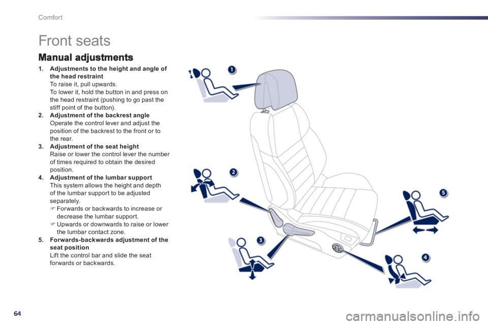 Peugeot 508 2012  Owners Manual - RHD (UK, Australia) 64
Comfort
   
 
 
 
 
 
 
 
 
 
 
 
 
 
 
 
 
Front seats 
1.Adjustments to the height and angle of 
the head restraintTo raise it, pull upwards.  
To lower it, hold the button in and press on
the he