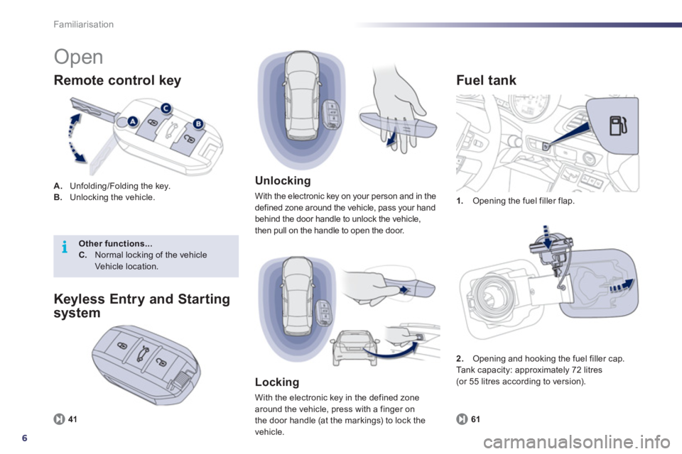 Peugeot 508 2012 Owners Manual - RHD (UK, Australia) 6
i
Familiarisation
Open
A.
Unfolding/Folding the key. B.Unlocking the vehicle.
Remote control key
1.
Opening the fuel filler flap.
Fuel t ank
61
Unlocking
With the electronic key o Peugeot 508 2012 Owners Manual - RHD (UK, Australia) 6
i
Familiarisation
Open
A.
Unfolding/Folding the key. B.Unlocking the vehicle.
Remote control key
1.
Opening the fuel filler flap.
Fuel t ank
61
Unlocking
With the electronic key o