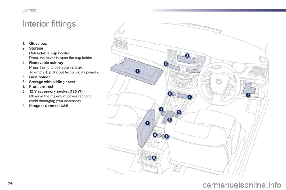 Peugeot 508 2012   - RHD (UK, Australia) Manual PDF 74
Comfort
   
 
 
 
 
 
 
 
 
 
 
 
 
 
 
 
 
Interior ﬁ ttings 
Glove box2.Storage3.Retractable cup holderPress the cover to open the cup holder 4.Removable ashtray
Press the lid to open the ashtr