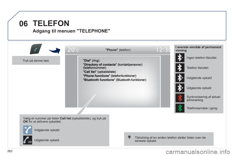 Peugeot 508 2012 Instruktionsbog (in Danish) 262
06 TELEFON
Adgang til menuen "TELEPHONE"
oe
PhonePhonePhonePhonePhonePhonePhonePhonePhonePhonePhone"Phone""Phone""Phone""Ph ""Ph ""Ph ""Ph "()()()()(eeo )(telefon)
(telefon)(telefon)(tel Peugeot 508 2012 Instruktionsbog (in Danish) 262
06 TELEFON
Adgang til menuen "TELEPHONE"
oe
PhonePhonePhonePhonePhonePhonePhonePhonePhonePhonePhone"Phone""Phone""Phone""Ph ""Ph ""Ph ""Ph "()()()()(eeo )(telefon)
(telefon)(telefon)(tel