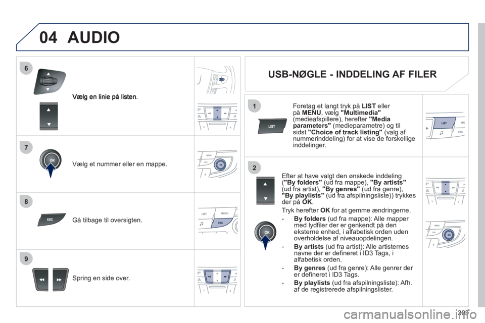 Peugeot 508 2012 Instruktionsbog (in Danish) 303
7
6
8
9
2
1
04
Vælg et nummer eller en mappe.
Spring en side over.
Gå tilba
ge til oversigten.
AUDIO
USB-NØGLE - INDDELING AF FILER
Efter at have valgt den ønsk Peugeot 508 2012 Instruktionsbog (in Danish) 303
7
6
8
9
2
1
04
Vælg et nummer eller en mappe.
Spring en side over.
Gå tilba
ge til oversigten.
AUDIO
USB-NØGLE - INDDELING AF FILER
Efter at have valgt den ønsk