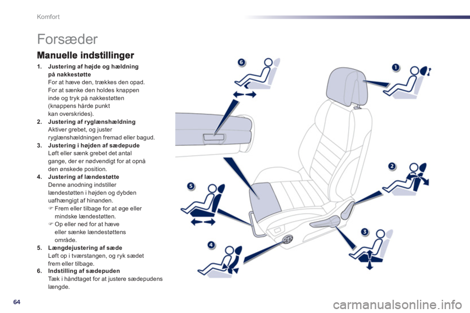 Peugeot 508 2012 Instruktionsbog (in Danish) 64
Komfor t
Forsæder
1.Justering af højde og hældningpå nakkestøtte
For at hæve den, trækkes den opad. For at sænke den holdes knappeninde og tryk på nak Peugeot 508 2012 Instruktionsbog (in Danish) 64
Komfor t
Forsæder
1.Justering af højde og hældningpå nakkestøtte
For at hæve den, trækkes den opad. For at sænke den holdes knappeninde og tryk på nak
