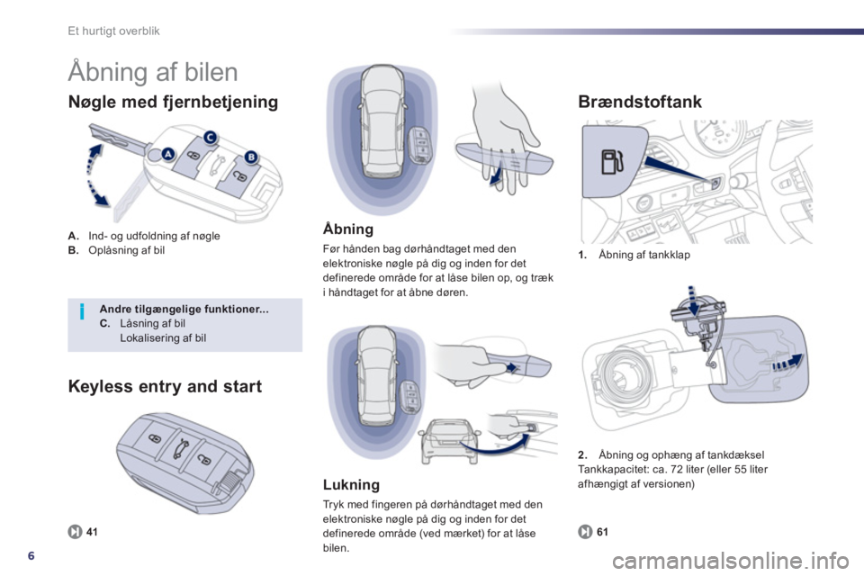 Peugeot 508 2012  Instruktionsbog (in Danish) 6
i
Et hur tigt overblik
  Åbning af bilen 
A. 
   Ind- og udfoldning af nøgle B. Oplåsning af bil
Nøgle med fjernbetjening
1. 
 Åbning af tankklap 
 
 
Brændstoftank 
61
 
 Åbning
 
Før hånd