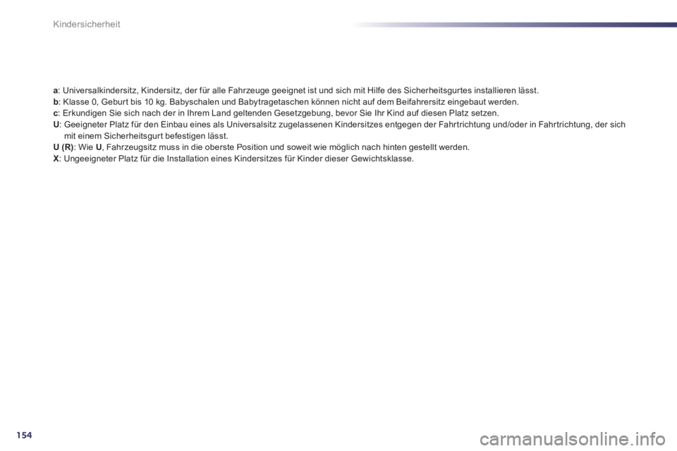Peugeot 508 2012  Betriebsanleitung (in German) 154
Kindersicherheit
a  : Universalkindersitz, Kindersitz, der für alle Fahrzeuge geeignet ist und sich mit Hilfe des Sicherheitsgurtes installieren lässt. b: Klasse 0, Gebur t bis 10 kg. Babyschale