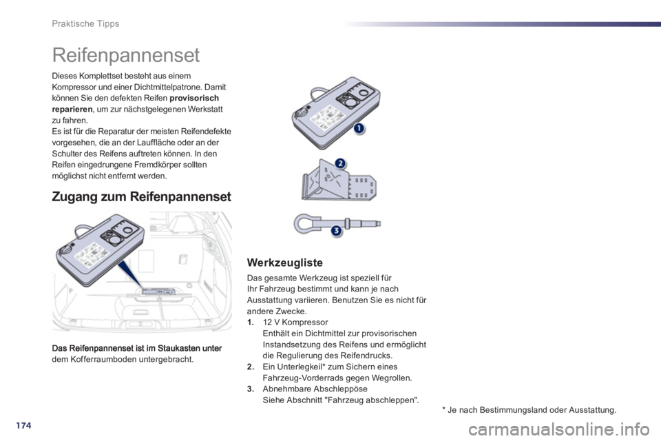 Peugeot 508 2012  Betriebsanleitung (in German) 174
Praktische Tipps
dem Kofferraumboden untergebracht. Dieses Komplettset besteht aus einem 
Kompressor und einer Dichtmittelpatrone. Damit 
können Sie den defekten Reifen provisorisch reparieren 
,