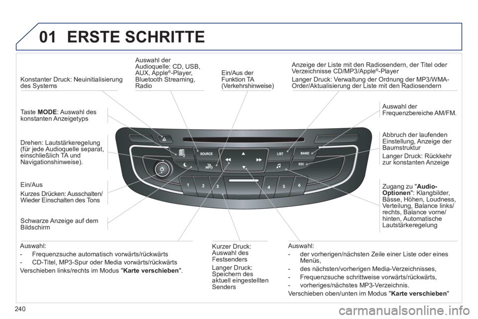 Peugeot 508 2012 Betriebsanleitung (in German) 240
01 ERSTE SCHRITTE
Ein/Aus der
Funktion TA (Verkehrshinweise)
Anzeige der Liste mit den Radiosendern, der Titel oder
Verzeichnisse CD/MP3/Apple®-Player
Lan
ger Druck: Verwaltung d Peugeot 508 2012 Betriebsanleitung (in German) 240
01 ERSTE SCHRITTE
Ein/Aus der
Funktion TA (Verkehrshinweise)
Anzeige der Liste mit den Radiosendern, der Titel oder
Verzeichnisse CD/MP3/Apple®-Player
Lan
ger Druck: Verwaltung d