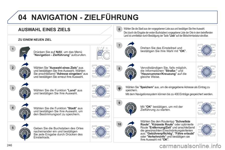 Peugeot 508 2012 Betriebsanleitung (in German) 246
04
1
2
3
4
5
7
9
10
8
6
Drücken Sie auf NAV
, um das Menü "Navigation - Zielführung" aufzurufen.
ZU EINEM NEUEN ZIEL
NAVIGATION - ZIELFÜHRUNG
AUSWAHL EINE Peugeot 508 2012 Betriebsanleitung (in German) 246
04
1
2
3
4
5
7
9
10
8
6
Drücken Sie auf NAV
, um das Menü "Navigation - Zielführung" aufzurufen.
ZU EINEM NEUEN ZIEL
NAVIGATION - ZIELFÜHRUNG
AUSWAHL EINE