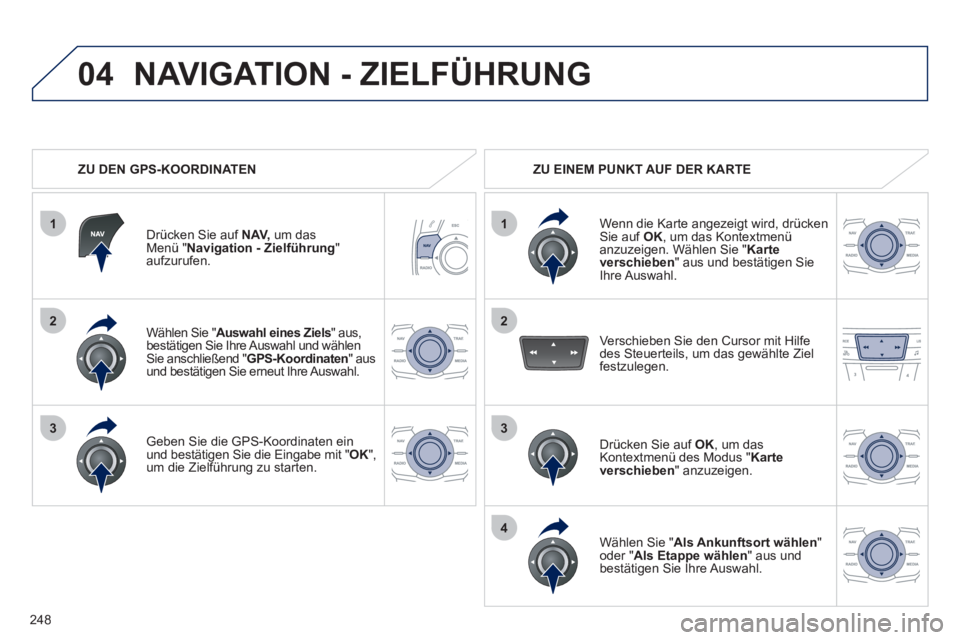 Peugeot 508 2012 Betriebsanleitung (in German) 248
1
04
2
1
2
33
4
Wählen Sie " Auswahl eines Ziels" aus, bestätigen Sie Ihre Auswahl und wählen Sie anschließend "GPS-Koordinaten" aus und bestätigen Sie erneut Ihre Auswahl.
Geben Sie die GP Peugeot 508 2012 Betriebsanleitung (in German) 248
1
04
2
1
2
33
4
Wählen Sie " Auswahl eines Ziels" aus, bestätigen Sie Ihre Auswahl und wählen Sie anschließend "GPS-Koordinaten" aus und bestätigen Sie erneut Ihre Auswahl.
Geben Sie die GP