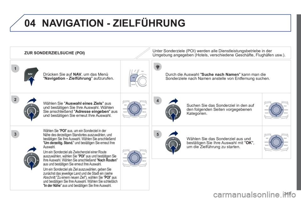 Peugeot 508 2012 Betriebsanleitung (in German) 249
04
1
3
4
5
2
ZUR SONDERZIELSUCHE (POI)
NAVIGATION - ZIELFÜHRUNG
Unter Sonderziele (POI) werden alle Dienstleistungsbetriebe in der Umgebung angegeben (Hotels, verschiedene Geschäfte, Flug Peugeot 508 2012 Betriebsanleitung (in German) 249
04
1
3
4
5
2
ZUR SONDERZIELSUCHE (POI)
NAVIGATION - ZIELFÜHRUNG
Unter Sonderziele (POI) werden alle Dienstleistungsbetriebe in der Umgebung angegeben (Hotels, verschiedene Geschäfte, Flug
