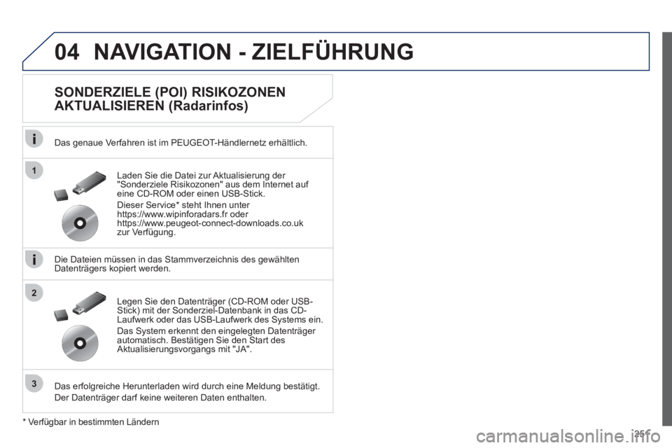 Peugeot 508 2012 Betriebsanleitung (in German) 251
04
1
3
2
NAVIGATION - ZIELFÜHRUNG
SONDERZIELE (POI) RISIKOZONEN
AKTUALISIEREN (Radarinfos)
Das genaue Verfahren ist im PEUGEOT-Händlernetz erhältlich.
Die Dateien müssen in da Peugeot 508 2012 Betriebsanleitung (in German) 251
04
1
3
2
NAVIGATION - ZIELFÜHRUNG
SONDERZIELE (POI) RISIKOZONEN
AKTUALISIEREN (Radarinfos)
Das genaue Verfahren ist im PEUGEOT-Händlernetz erhältlich.
Die Dateien müssen in da