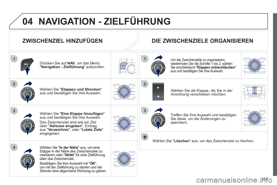 Peugeot 508 2012 Betriebsanleitung (in German) 253
04
1
4
3
1
3
22
NAVIGATION - ZIELFÜHRUNG
ZWISCHENZIEL HINZUFÜGEN
Drücken Sie auf NAV, um das Menü"Navigation - Zielführung
" aufzurufen.
W
ählen Sie " Etappen und Strecken
" aus und Peugeot 508 2012 Betriebsanleitung (in German) 253
04
1
4
3
1
3
22
NAVIGATION - ZIELFÜHRUNG
ZWISCHENZIEL HINZUFÜGEN
Drücken Sie auf NAV, um das Menü"Navigation - Zielführung
" aufzurufen.
W
ählen Sie " Etappen und Strecken
" aus und