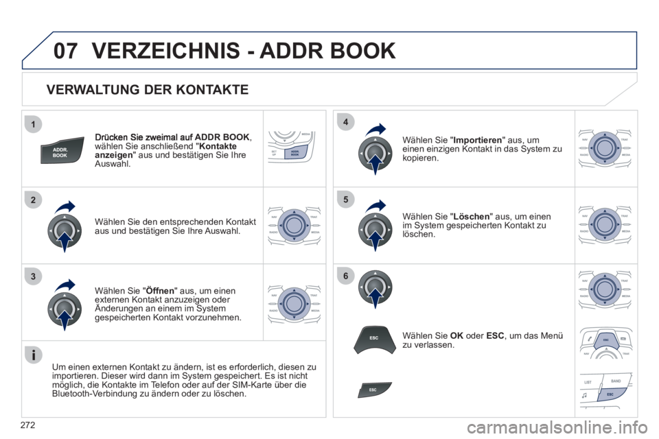 Peugeot 508 2012 Betriebsanleitung (in German) 272
1
2
3
4
5
6
07
VERWALTUNG DER KONTAKTE
ADDR BOOK,
wählen Sie anschließend " Kontakte anzeigen" aus und bestätigen Sie Ihre
Auswahl.
Wählen Sie den entsprechenden Kontakt
aus und bestä Peugeot 508 2012 Betriebsanleitung (in German) 272
1
2
3
4
5
6
07
VERWALTUNG DER KONTAKTE
ADDR BOOK,
wählen Sie anschließend " Kontakte anzeigen" aus und bestätigen Sie Ihre
Auswahl.
Wählen Sie den entsprechenden Kontakt
aus und bestä