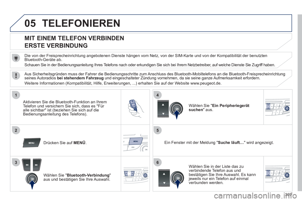 Peugeot 508 2012  Betriebsanleitung (in German) 307
05
1
25
3
4
6
TELEFONIEREN
   
 
 
 
 
 
 
 
 
MIT EINEM TELEFON VERBINDEN  
ERSTE VERBINDUNG 
   
Die von der Freisprecheinrichtung angebotenen Dienste hängen vom Netz, von der SIM-Karte und von