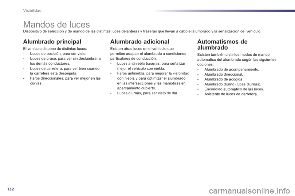 Peugeot 508 2012  Manual del propietario (in Spanish) 132
Visibilidad
   
 
 
 
 
 
 
 
 
 
 
 
 
 
Mandos de luces Dispositivo de selección y de mando de las distintas luces delanteras y traseras que llevan a cabo el alumbrado y la señalización del v