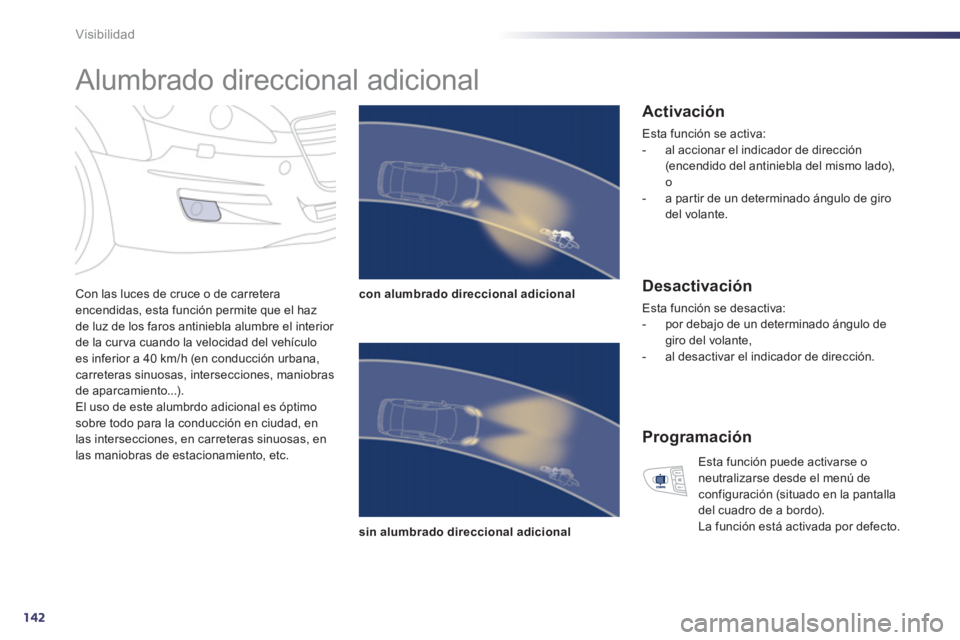 Peugeot 508 2012 Manual del propietario (in Spanish) 142
Visibilidad
Alumbrado direccional adicional
Con las luces de cruce o de carreteraencendidas, esta función permite que el hazde luz de los faros antiniebla alumbre el interior de la c Peugeot 508 2012 Manual del propietario (in Spanish) 142
Visibilidad
Alumbrado direccional adicional
Con las luces de cruce o de carreteraencendidas, esta función permite que el hazde luz de los faros antiniebla alumbre el interior de la c