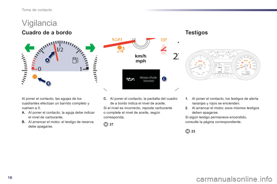 Peugeot 508 2012 Manual del propietario (in Spanish) 16
To m a d e c o n t a c t o
Vigilancia
Al poner el contacto, las agujas de los cuadrantes efectúan un barrido completo yvuelven a 0. A.
Al poner el contacto, la aguja debe indicar el nivel Peugeot 508 2012 Manual del propietario (in Spanish) 16
To m a d e c o n t a c t o
Vigilancia
Al poner el contacto, las agujas de los cuadrantes efectúan un barrido completo yvuelven a 0. A.
Al poner el contacto, la aguja debe indicar el nivel