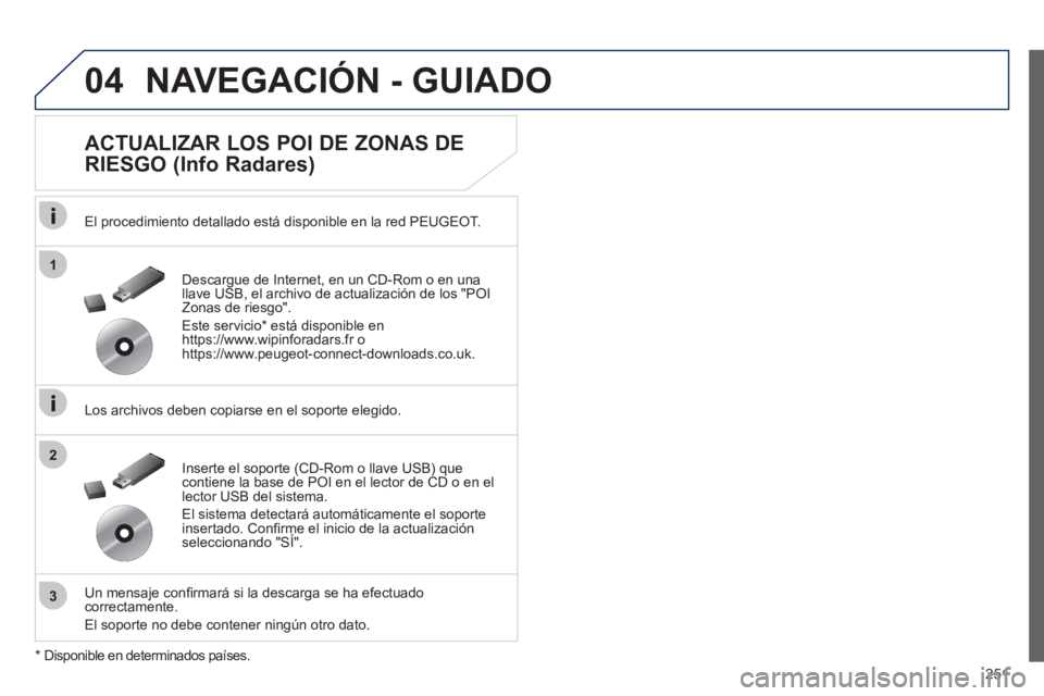 Peugeot 508 2012  Manual del propietario (in Spanish) 251
04
1
3
2
NAVEGACIÓN - GUIADO
   
ACTUALIZAR LOS POI DE ZONAS DE 
RIESGO (Info Radares) 
   
El procedimiento detallado está disponible en la red PEUGEOT.  
   
Los archivos deben copiarse en el 