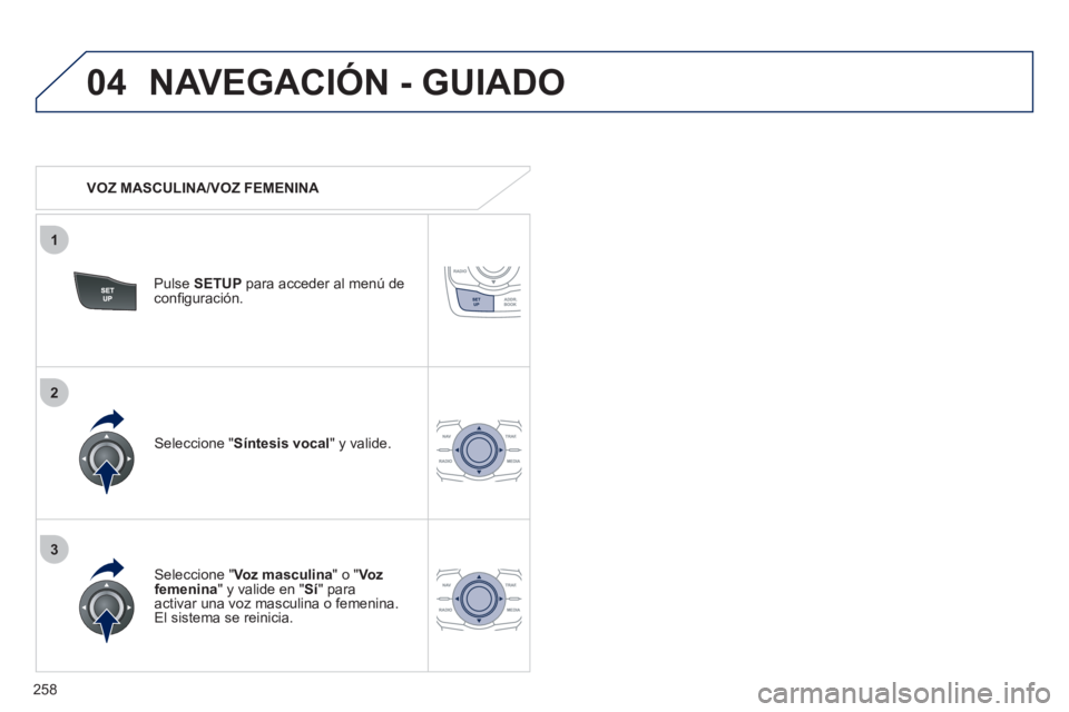 Peugeot 508 2012  Manual del propietario (in Spanish) 258
04
3
1
2
NAVEGACIÓN - GUIADO
   
 VOZ MASCULINA/VOZ FEMENINA  
Pulse SETUPpara acceder al menú deconﬁ guraciÛn.
   
Seleccione "Voz masculina 
" o " Voz femenina" y valide en "Sí" para activ
