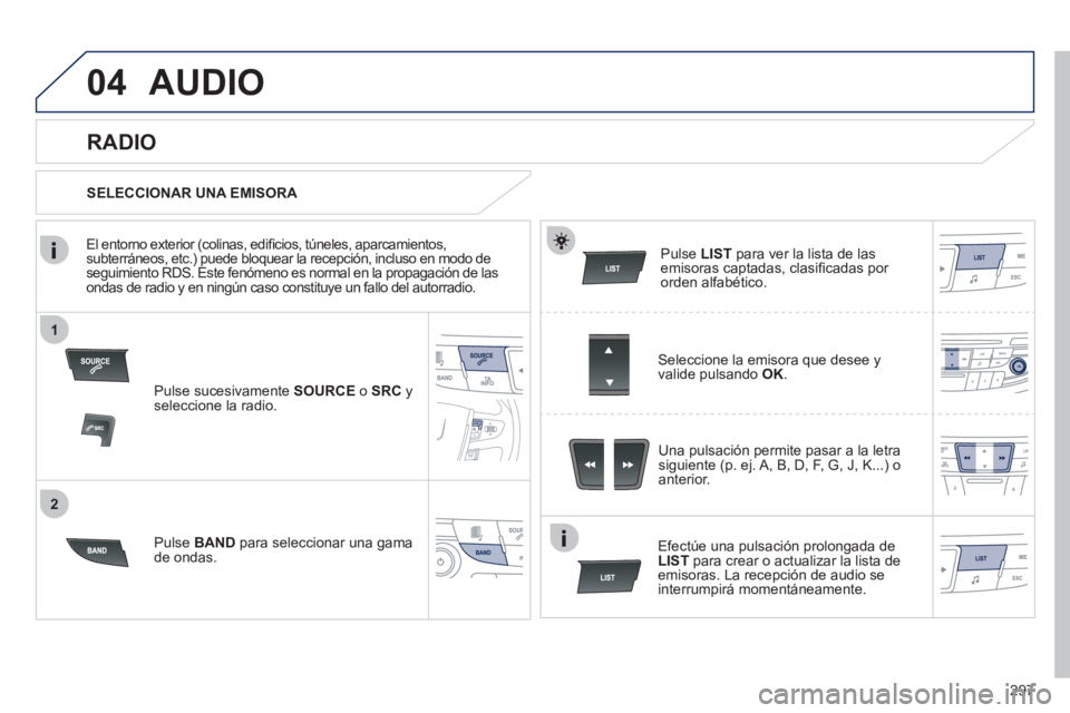 Peugeot 508 2012 Manual del propietario (in Spanish) 297
1
2
04AUDIO
Pulse sucesivamente SOURCEo SRC
y seleccione la radio.
P
ulse BAND
para seleccionar una gama de ondas.
Pulse LIST
para ver la lista de lasemisoras captadas, clasifi cadas po Peugeot 508 2012 Manual del propietario (in Spanish) 297
1
2
04AUDIO
Pulse sucesivamente SOURCEo SRC
y seleccione la radio.
P
ulse BAND
para seleccionar una gama de ondas.
Pulse LIST
para ver la lista de lasemisoras captadas, clasifi cadas po
