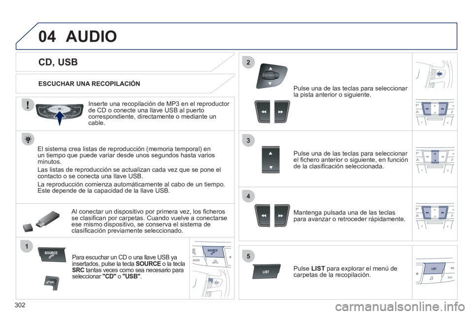 Peugeot 508 2012 Manual del propietario (in Spanish) 302
04
1
3
2
4
5
CD, USB
AUDIO
ESCUCHAR UNA RECOPILACIÓN
Inserte una recopilación de MP3 en el reproductor
de
CD o conecte una llave USB al puertocorrespondient Peugeot 508 2012 Manual del propietario (in Spanish) 302
04
1
3
2
4
5
CD, USB
AUDIO
ESCUCHAR UNA RECOPILACIÓN
Inserte una recopilación de MP3 en el reproductor
de
CD o conecte una llave USB al puertocorrespondient