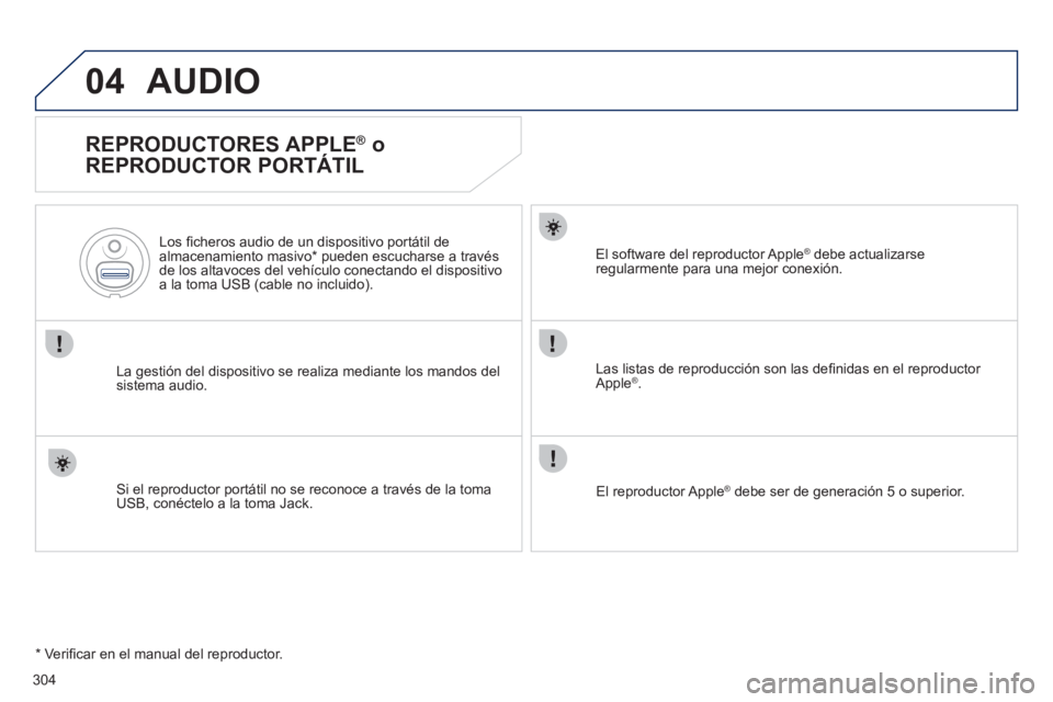 Peugeot 508 2012 Manual del propietario (in Spanish) 304
04AUDIO
REPRODUCTORES APPLE ®
o
REPRODUCTOR PORTÁTIL
La gestión del dispositivo se realiza mediante los mandos del sistema audio.
Los fi cheros audio de un dis
positivo portátil Peugeot 508 2012 Manual del propietario (in Spanish) 304
04AUDIO
REPRODUCTORES APPLE ®
o
REPRODUCTOR PORTÁTIL
La gestión del dispositivo se realiza mediante los mandos del sistema audio.
Los fi cheros audio de un dis
positivo portátil