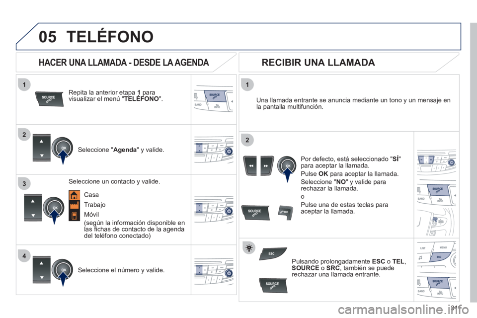 Peugeot 508 2012 Manual del propietario (in Spanish) 311
1
2
1
4
2
3
05TELÉFONO
Repita la anterior etapa 1 para
visualizar el menú "TELÉFONOpp".
Seleccione "Agenda " y valide.
Una llamada entrante se anuncia mediante un tono y un mensaj Peugeot 508 2012 Manual del propietario (in Spanish) 311
1
2
1
4
2
3
05TELÉFONO
Repita la anterior etapa 1 para
visualizar el menú "TELÉFONOpp".
Seleccione "Agenda " y valide.
Una llamada entrante se anuncia mediante un tono y un mensaj