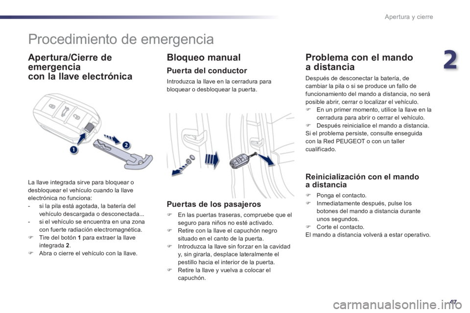 Peugeot 508 2012  Manual del propietario (in Spanish) 2
47
Apertura y cierre
   
 
 
 
 
Procedimiento de emergencia 
 
 
Apertura/Cierre de
emergencia  
 
con la llave electrónica 
 
La llave integrada sir ve para bloquear o
desbloquear el vehículo cu