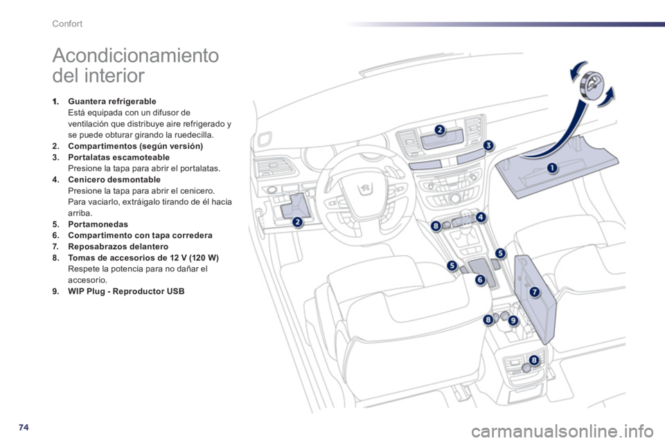 Peugeot 508 2012  Manual del propietario (in Spanish) 74
Confort
   
 
 
 
 
 
 
 
 
 
 
 
 
 
 
 
 
Acondicionamiento 
del interior 
Guantera refrigerableEstá equipada con un difusor de 
ventilación que distribuye aire refrigerado yse puede obturar gi
