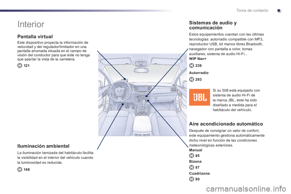 Peugeot 508 2012  Manual del propietario (in Spanish) .
7
To m a  d e  c o n t a c t o
  Interior  
 
 
Iluminación ambiental
 
La iluminación tamizada del habitáculo facilitala visibilidad en el interior del vehículo cuando 
la luminosidad es reduci