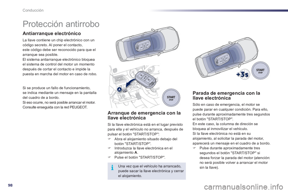 Peugeot 508 2012  Manual del propietario (in Spanish) 98
i
Conducción
   
 
 
 
 
 
 
 
 
 
 
Protección antirrobo  
Antiarranque electrónico 
La llave contiene un chip electrónico con un código secreto. Al poner el contacto,
este código debe ser r