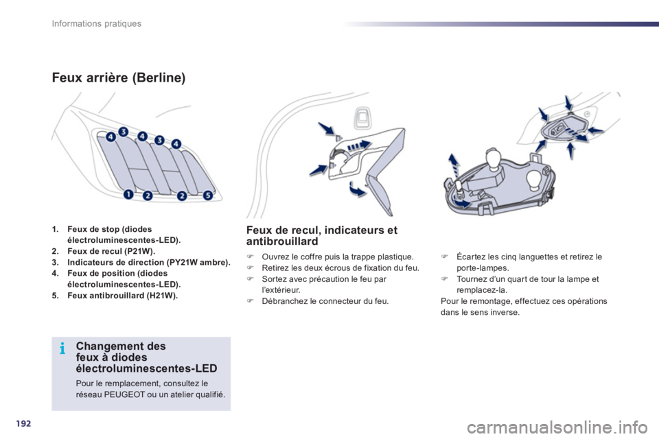 Peugeot 508 2012  Manuel du propriétaire (in French) 192
i
Informations pratiques
1.Feux de stop (diodes
électroluminescentes-LED).2.    Feux de recul (P21W).3.Indicateurs de direction (PY21W ambre).4.Feux de position (diodes
électroluminescentes-LED)