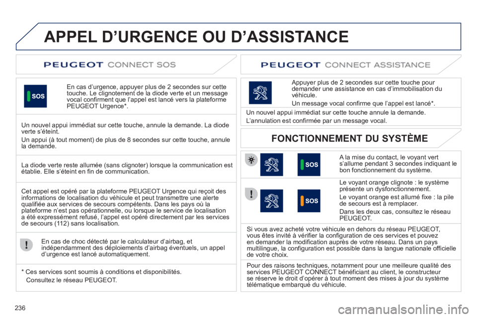 Peugeot 508 2012 Manuel du propriétaire (in French) 236
APPEL D’URGENCE OU D’ASSISTANCE
En cas d’urgence, appuyer plus de 2 secondes sur cette
touche. Le clignotement de la diode verte et un message
vocal confirment que l’appel est lancé vers Peugeot 508 2012 Manuel du propriétaire (in French) 236
APPEL D’URGENCE OU D’ASSISTANCE
En cas d’urgence, appuyer plus de 2 secondes sur cette
touche. Le clignotement de la diode verte et un message
vocal confirment que l’appel est lancé vers