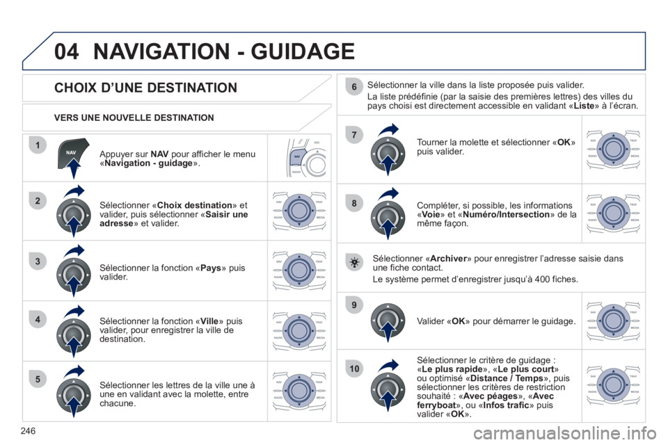 Peugeot 508 2012 Manuel du propriétaire (in French) 246
04
1
2
3
4
5
7
9
10
8
6
Appuyer sur NAVpour afficher le menu «Navigation - guidage».
VERS UNE NOUVELLE DESTINATION
NAVIGATION - GUIDAGE
CHOIX D’UNE DESTINATI Peugeot 508 2012 Manuel du propriétaire (in French) 246
04
1
2
3
4
5
7
9
10
8
6
Appuyer sur NAVpour afficher le menu «Navigation - guidage».
VERS UNE NOUVELLE DESTINATION
NAVIGATION - GUIDAGE
CHOIX D’UNE DESTINATI