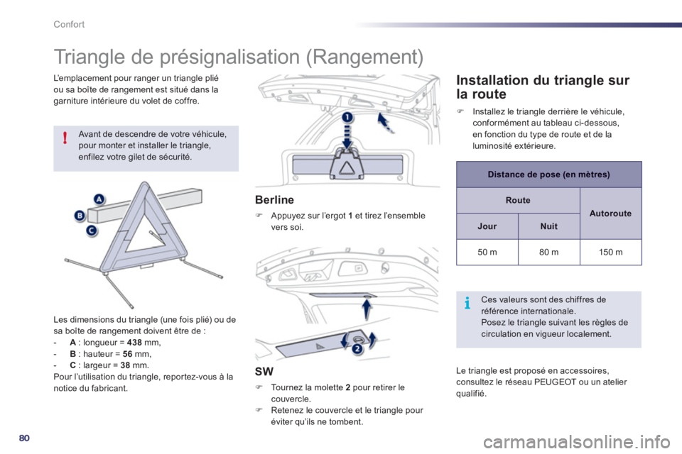 Peugeot 508 2012  Manuel du propriétaire (in French) 80
!
i
Confort
   
 
 
 
 
 
 
 
Triangle de présignalisation (Rangement) 
 Avant de descendre de votre véhicule, pour monter et installer le triangle, enfilez votre gilet de sécurité.
Les dimensi