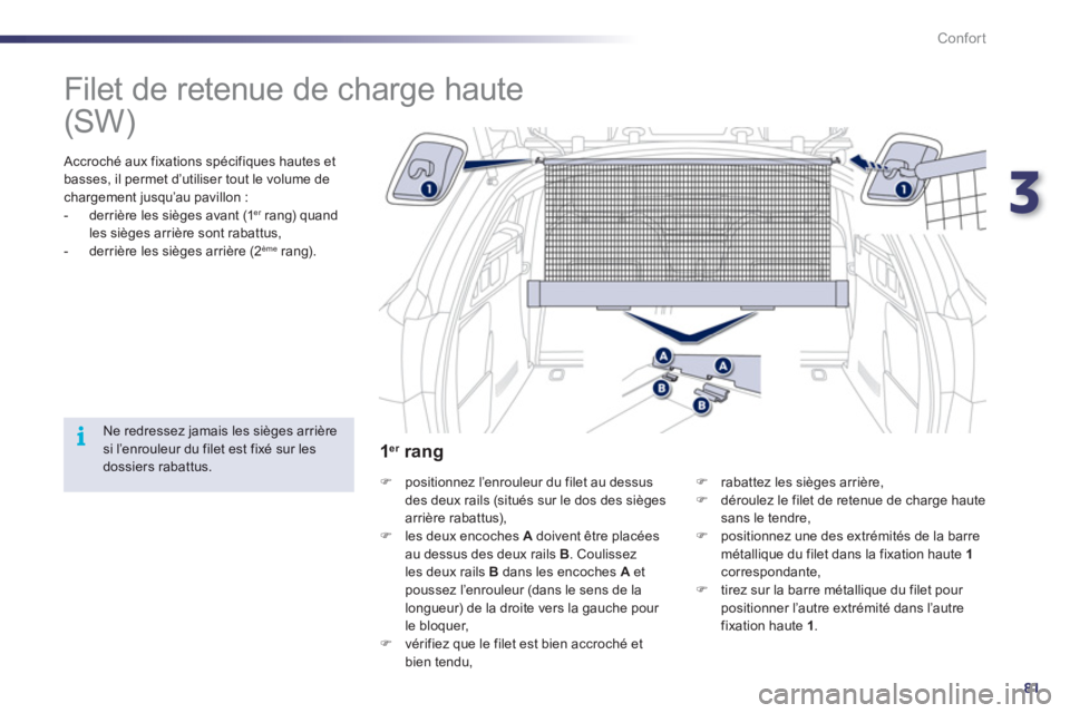 Peugeot 508 2012  Manuel du propriétaire (in French) 3
81
i
Confort
   
 
 
 
 
Filet de retenue de charge haute  
 
 Accroché aux fixations spécifiques hautes et
basses, il permet d’utiliser tout le volume de chargement jusqu’au pavillon : 
   
 