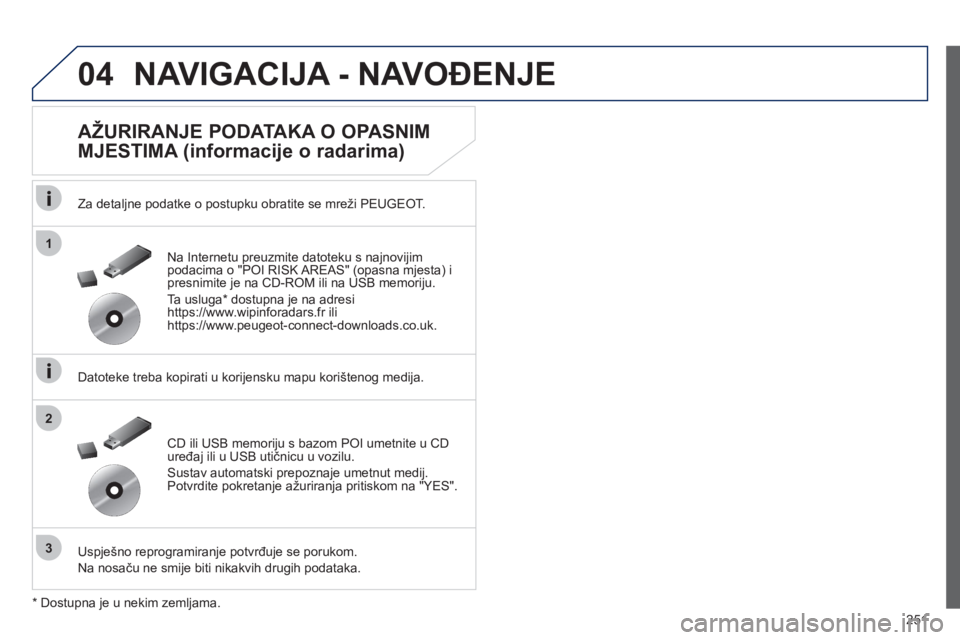 Peugeot 508 2012  Vodič za korisnike (in Croatian) 251
04
1
3
2
NAVIGACIJA - NAVOĐENJE 
 
 
AŽURIRANJE PODATAKA O OPASNIM 
MJESTIMA (informacije o radarima) 
   
Za detaljne podatke o postupku obratite se mreži PEUGEOT.
   
Datoteke treba kopirati 