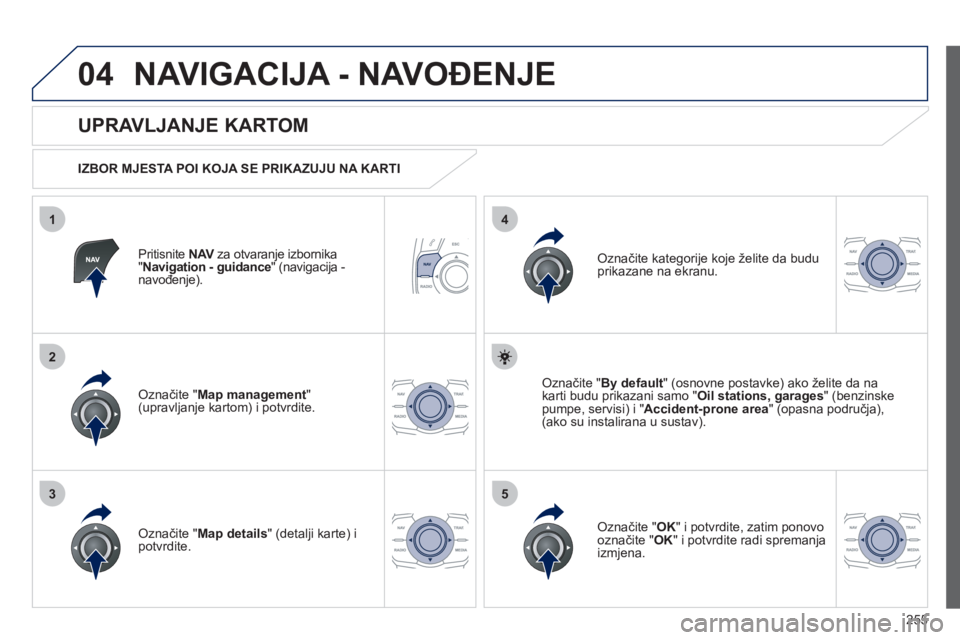 Peugeot 508 2012  Vodič za korisnike (in Croatian) 255
04
35
1
2
4
NAVIGACIJA - NAVOĐENJE 
Pritisnite  NAVza otvaranje izbornikaV"Navigation - guidance" (navigacija -
navođenje). 
 
 
UPRAVLJANJE KARTOM 
 
 
IZBOR MJESTA POI KOJA SE PRIKAZUJU NA KAR