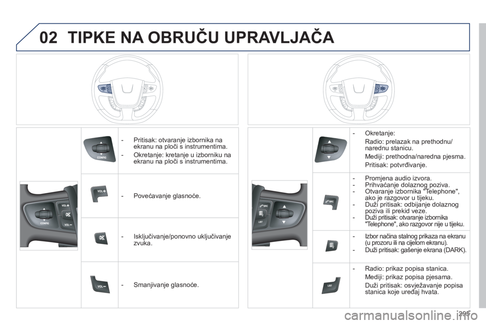 Peugeot 508 2012  Vodič za korisnike (in Croatian) 02
295
TIPKE NA OBRUČU UPRAVLJAČA 
 
 
 
-  Pritisak: otvaranje izbornika na ekranu na ploči s instrumentima.
   
-  
Okretanje: kretanje u izborniku naekranu na ploči s instrumentima.
   
 
-  Po